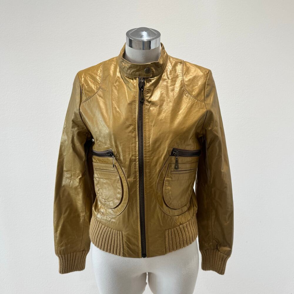 DOMA Womens Leather Bomber  Moto Jacket Gold Shimmer Vintage Y2K M